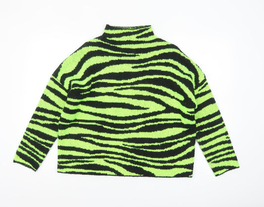 Collusion Women Green Black Zebra Knit Jumper UK 6 Acrylic High Neck