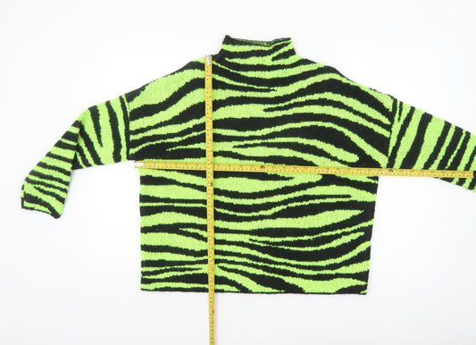 Collusion Women Green Black Zebra Knit Jumper UK 6 Acrylic High Neck