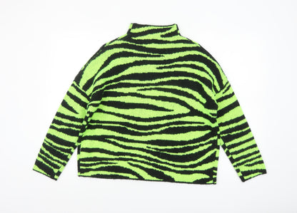 Collusion Women Green Black Zebra Knit Jumper UK 6 Acrylic High Neck