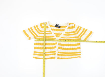 Collusion Women Yellow Striped V-Neck Short Sleeve Cardigan Size 12