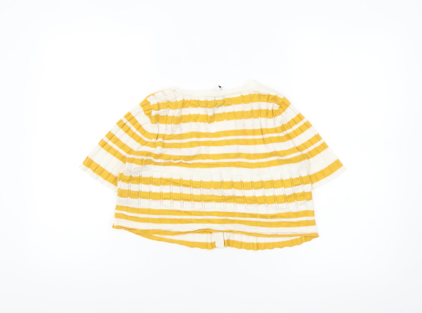 Collusion Women Yellow Striped V-Neck Short Sleeve Cardigan Size 12