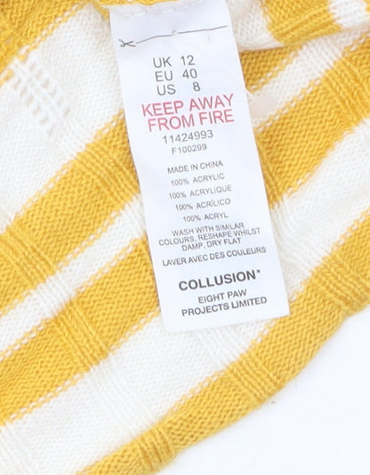 Collusion Women Yellow Striped V-Neck Short Sleeve Cardigan Size 12