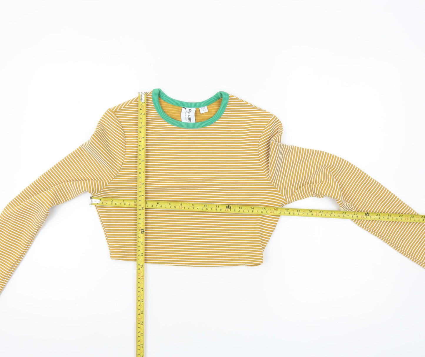 Collusion Womens Yellow Striped Cropped Long Sleeve T-Shirt UK 10