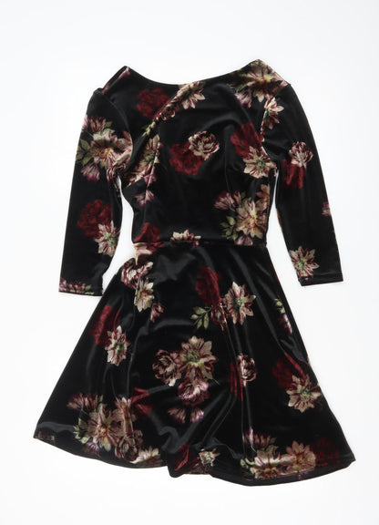 New Look Women’s Black Floral Velvet Fit & Flare Dress UK 6