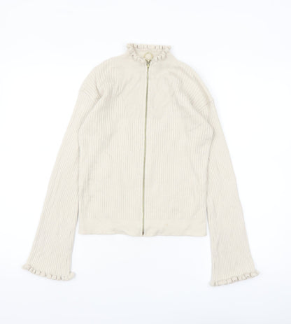 ASOS Women Beige Full Zip Ribbed Knit Jumper Size 8 High Neck
