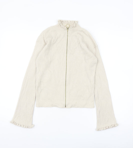 ASOS Women Beige Full Zip Ribbed Knit Jumper Size 8 High Neck