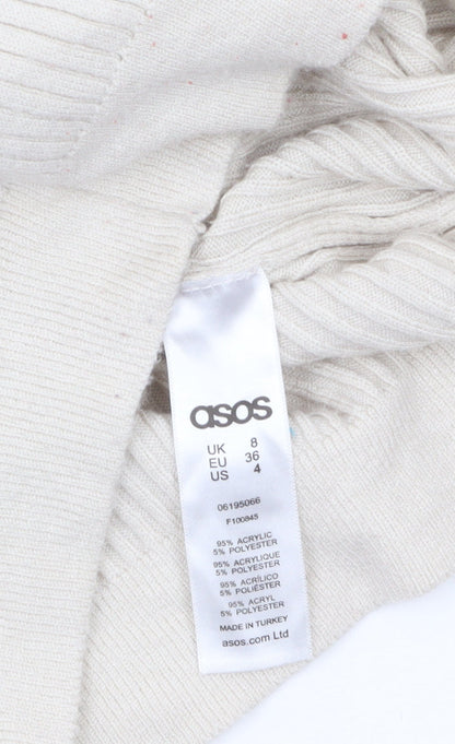ASOS Women Beige Full Zip Ribbed Knit Jumper Size 8 High Neck