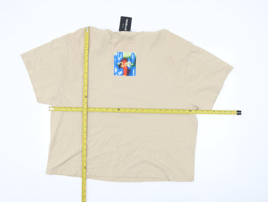 Collusion Men’s Beige Graphic Print Short Sleeve Cotton T-Shirt M