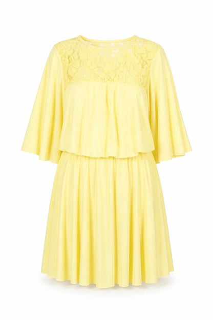 Front view of ASOS Women’s Yellow Lace Fit & Flare Dress, size UK 8, 3/4 Sleeve