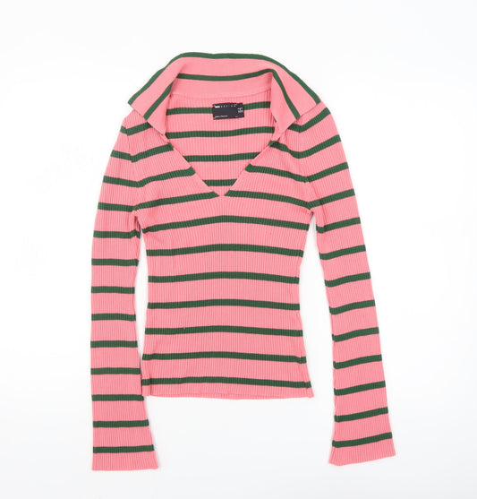 ASOS Women Pink Striped V-Neck Long Sleeve Slim Fit Jumper Size 8