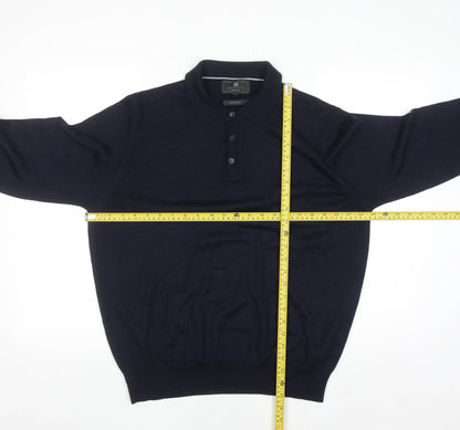Marks and Spencer Men's Blue Wool Blend Collared Henley Jumper XL