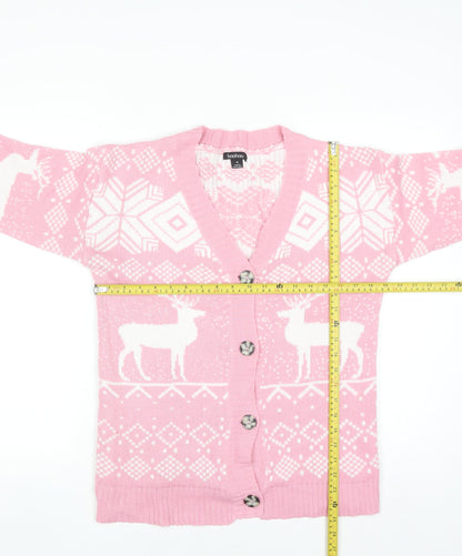 Boohoo Women’s Pink Fair Isle Reindeer Knit Cardigan Size M