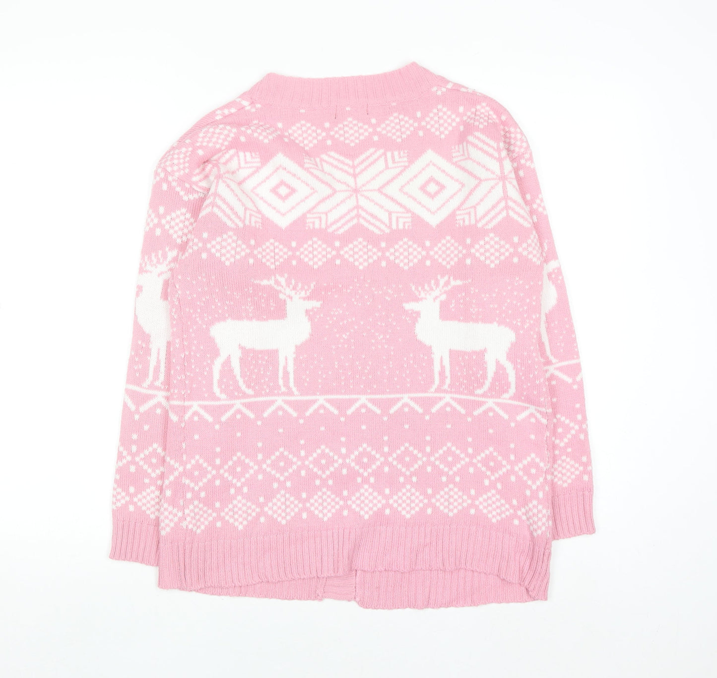 Boohoo Women’s Pink Fair Isle Reindeer Knit Cardigan Size M
