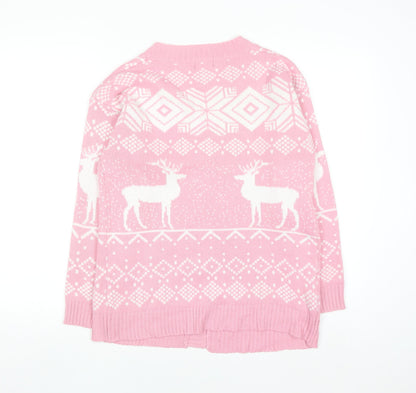 Boohoo Women’s Pink Fair Isle Reindeer Knit Cardigan Size M