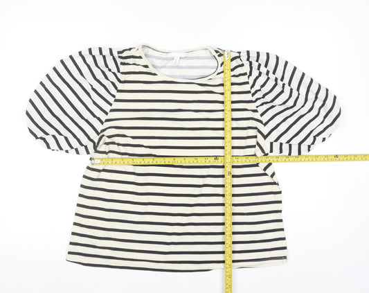 H&M Women Black Striped Puff Sleeve Jersey T-Shirt Size 16