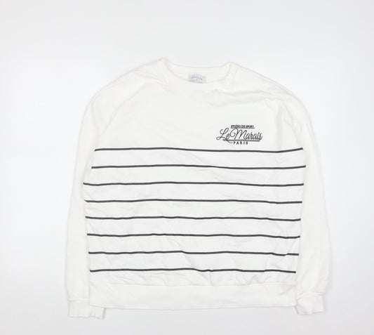 Papaya Womens White Striped Crew Neck Pullover Sweatshirt M