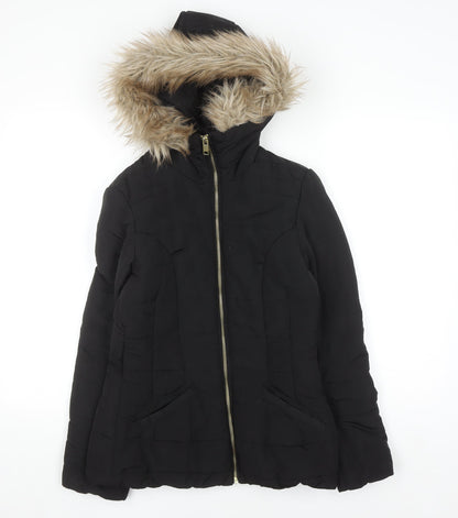 H&M Women's Black Faux Fur Hooded Puffer Jacket Size 6