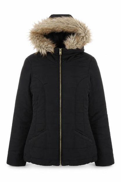 H&M Women's Black Faux Fur Hooded Puffer Jacket Size 6
