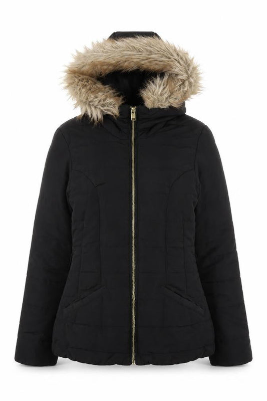 H&M Women's Black Faux Fur Hooded Puffer Jacket Size 6