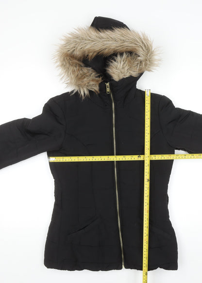 H&M Women's Black Faux Fur Hooded Puffer Jacket Size 6