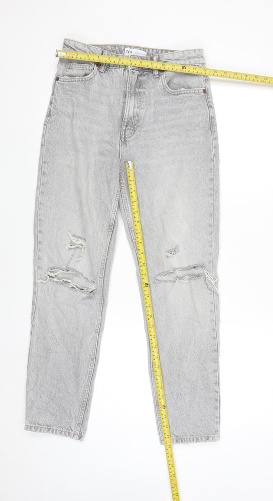 Zara Women Grey Distressed Mom Jeans Size 8 Relaxed Fit Denim