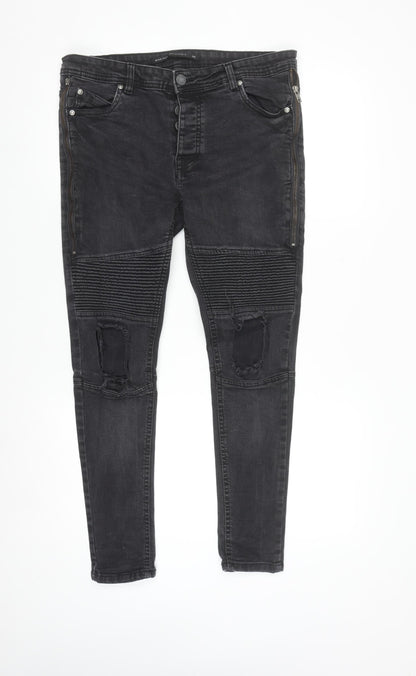 Brave Soul Men's Black Distressed Skinny Jeans 32R with Zip Detail