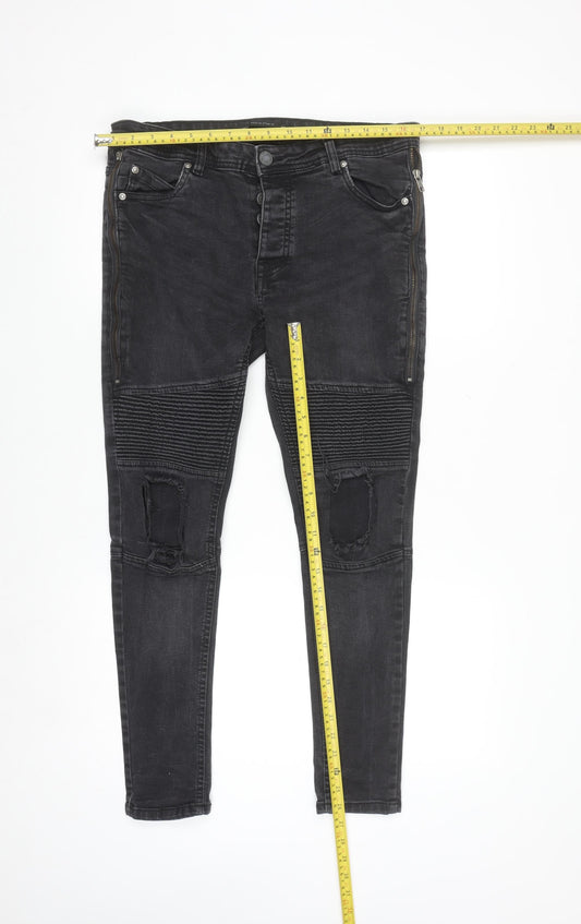 Brave Soul Men's Black Distressed Skinny Jeans 32R with Zip Detail