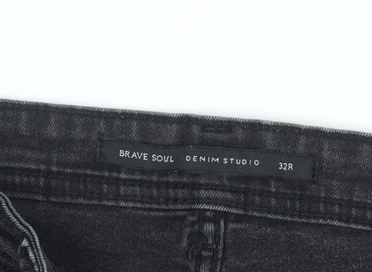 Brave Soul Men's Black Distressed Skinny Jeans 32R with Zip Detail