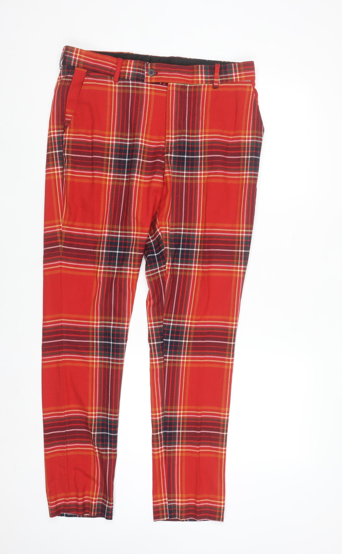 boohooMAN Mens Red Plaid Slim Fit Chino Trousers Size 32R