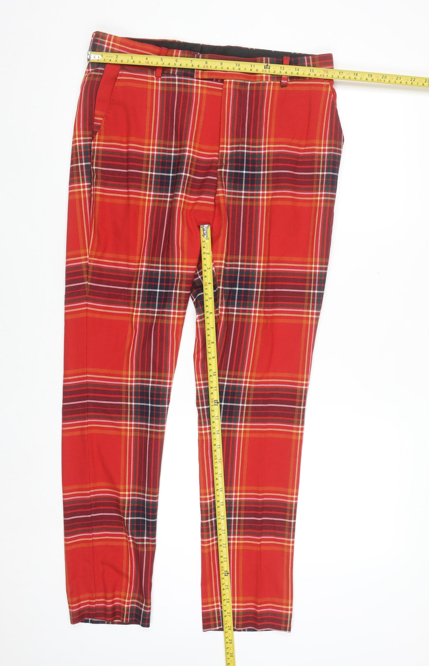 boohooMAN Mens Red Plaid Slim Fit Chino Trousers Size 32R