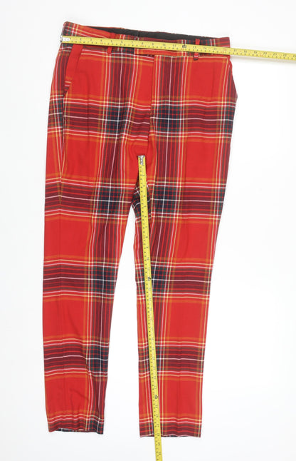 boohooMAN Mens Red Plaid Slim Fit Chino Trousers Size 32R