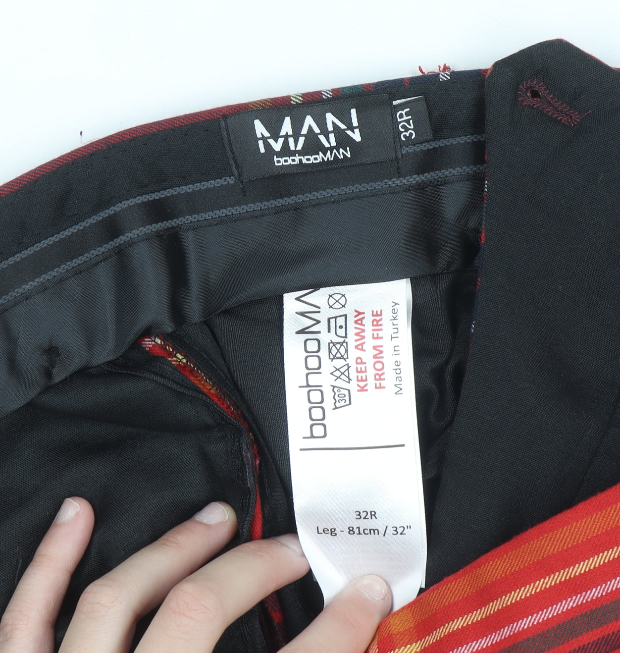 boohooMAN Mens Red Plaid Slim Fit Chino Trousers Size 32R