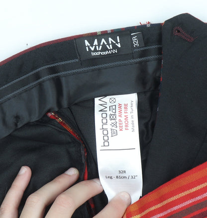 boohooMAN Mens Red Plaid Slim Fit Chino Trousers Size 32R
