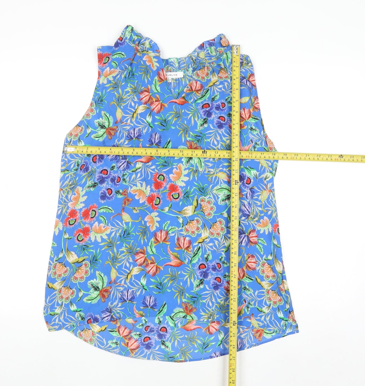 Rose + Olive Women's Blue Floral Sleeveless Ruffle Blouse Size L