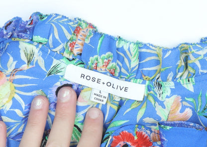 Rose + Olive Women's Blue Floral Sleeveless Ruffle Blouse Size L