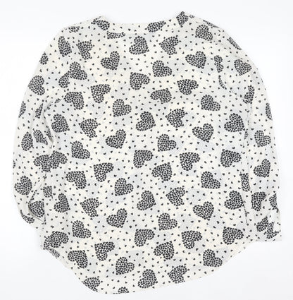 Dorothy Perkins Women White Heart Print Long Sleeve V-Neck Blouse Size 12