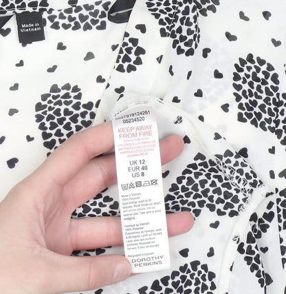 Dorothy Perkins Women White Heart Print Long Sleeve V-Neck Blouse Size 12