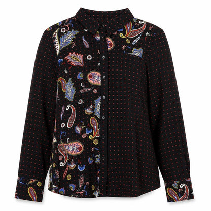 Warehouse Women's Black Paisley Long Sleeve Button-Up Shirt Size 14