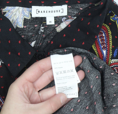 Warehouse Women's Black Paisley Long Sleeve Button-Up Shirt Size 14