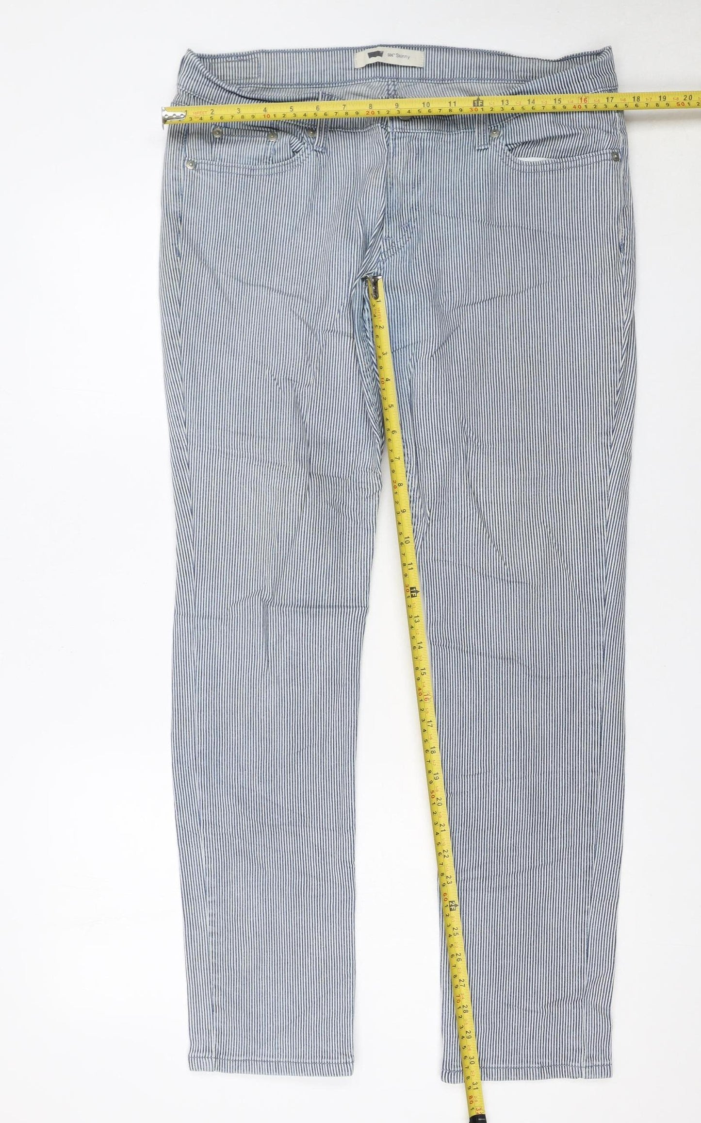 Levi’s Women Blue Striped Straight Jeans Size 12 Regular Fit Denim