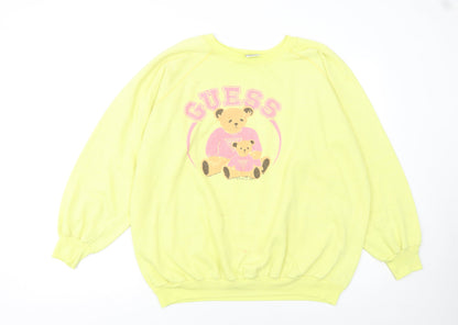 Guess Women Yellow Pullover Sweatshirt L Teddy Bear Graphic Vintage