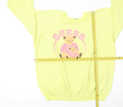 Guess Women Yellow Pullover Sweatshirt L Teddy Bear Graphic Vintage