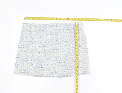 Zara Women Blue Tweed High Rise Skort Shorts L Bouclé