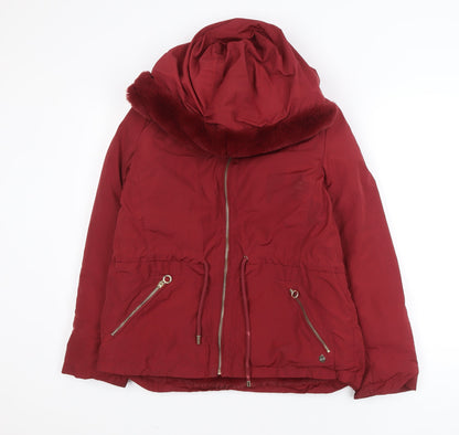 Quebramar Womens Red Hooded Parka Jacket XS Polyester Lined
