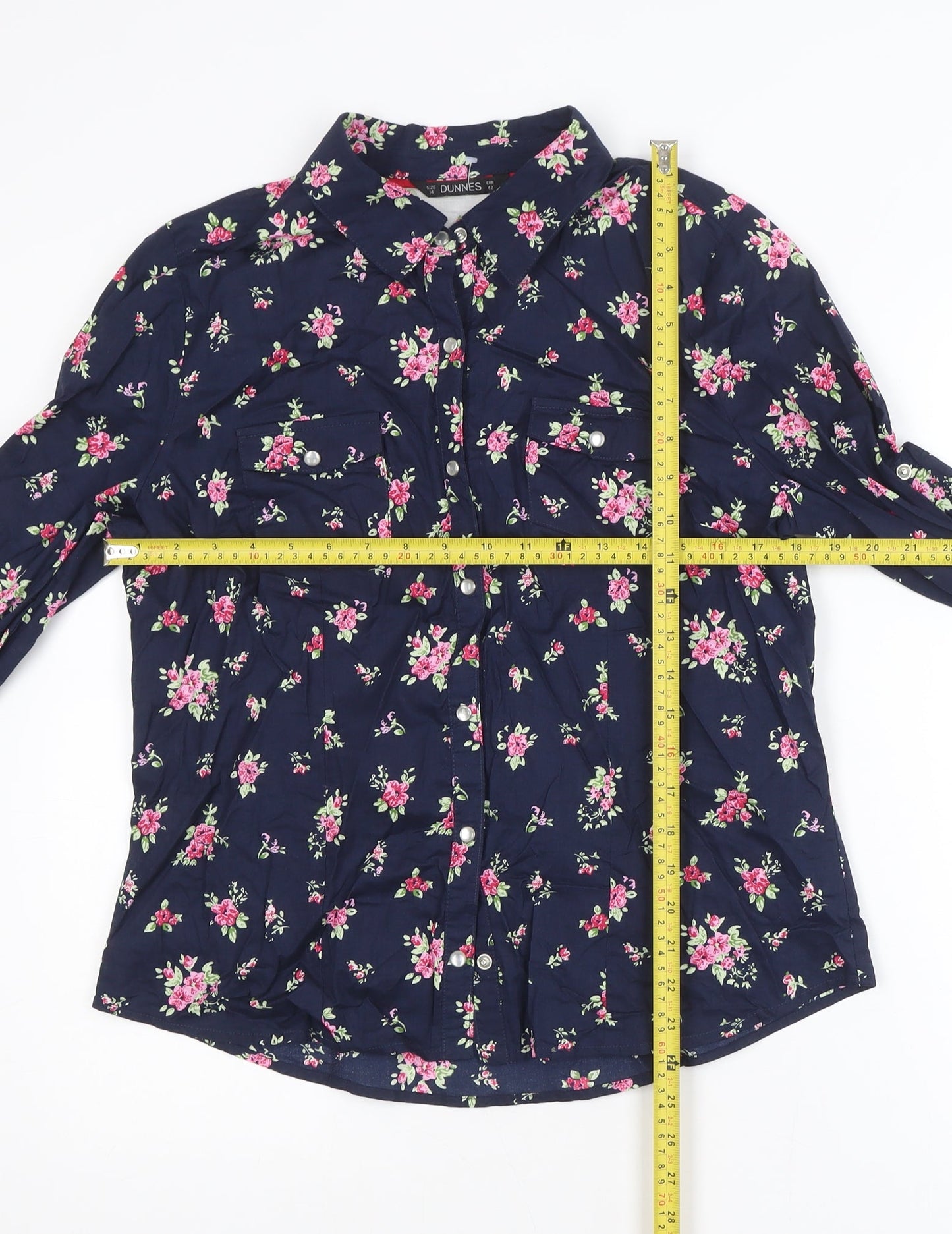 Dunnes Women Blue Floral Cotton Button-Up Shirt Size 14