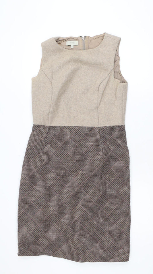 Hobbs Women Beige Wool Check Sheath Dress UK 12 Workwear