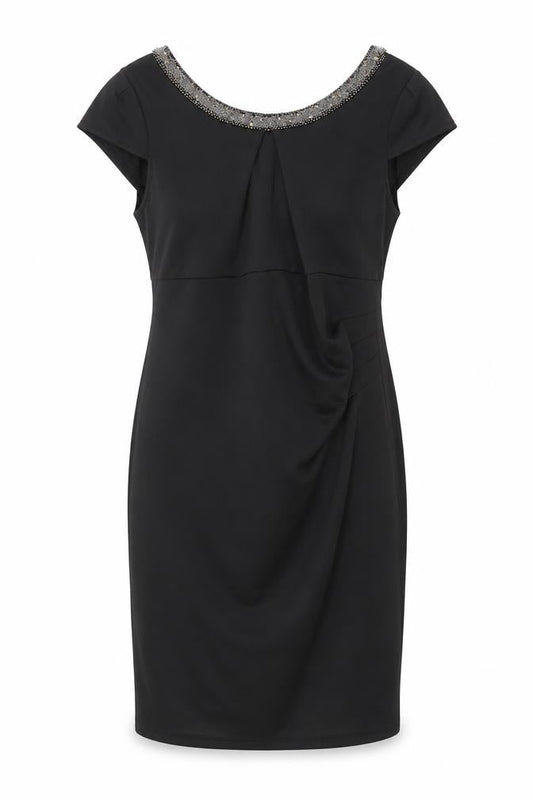 Front view of Dunnes women’s black, size UK 14, sheath beaded neck party dress