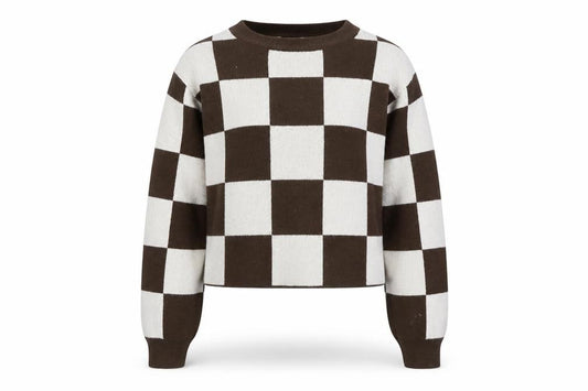 Front view of H&M Teens Brown & Beige Checkered Crew Neck Acrylic Jumper, size 12-14Y