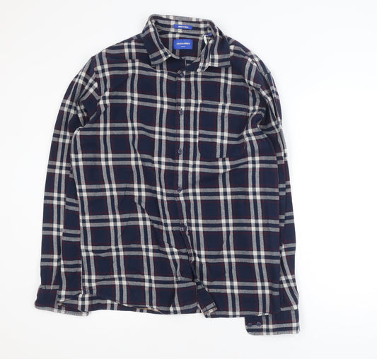 Jack & Jones Men's Navy Check Long Sleeve Button-Up Shirt XL