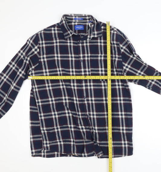 Jack & Jones Men's Navy Check Long Sleeve Button-Up Shirt XL